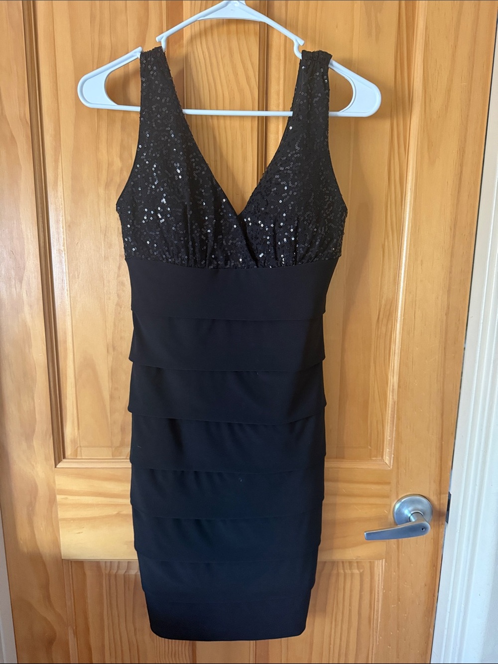 Dress Barn Black Sequin V-Neck Tiered Mini Dress